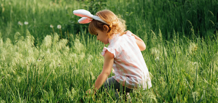 Baby with basket full of colorful eggs. Easter egg hunt. Easter egg hunt. Girl child Wearing Bunny Ears Running To Pick Up Egg In Garden. Easter tradition. Baby with basket full of colorful eggs. Back view